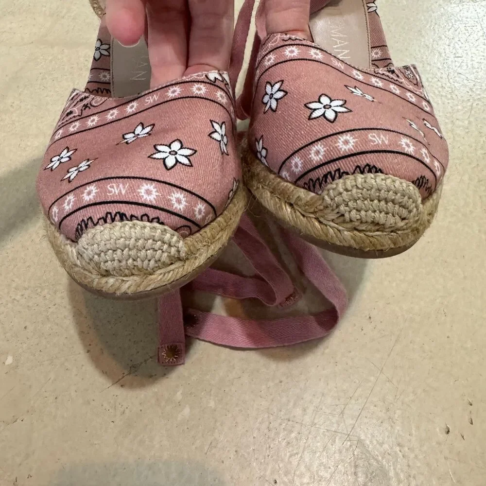 Stuart Weitzman Sandals Wedge Espadrille Bandana Print Pink Women sz 8.5